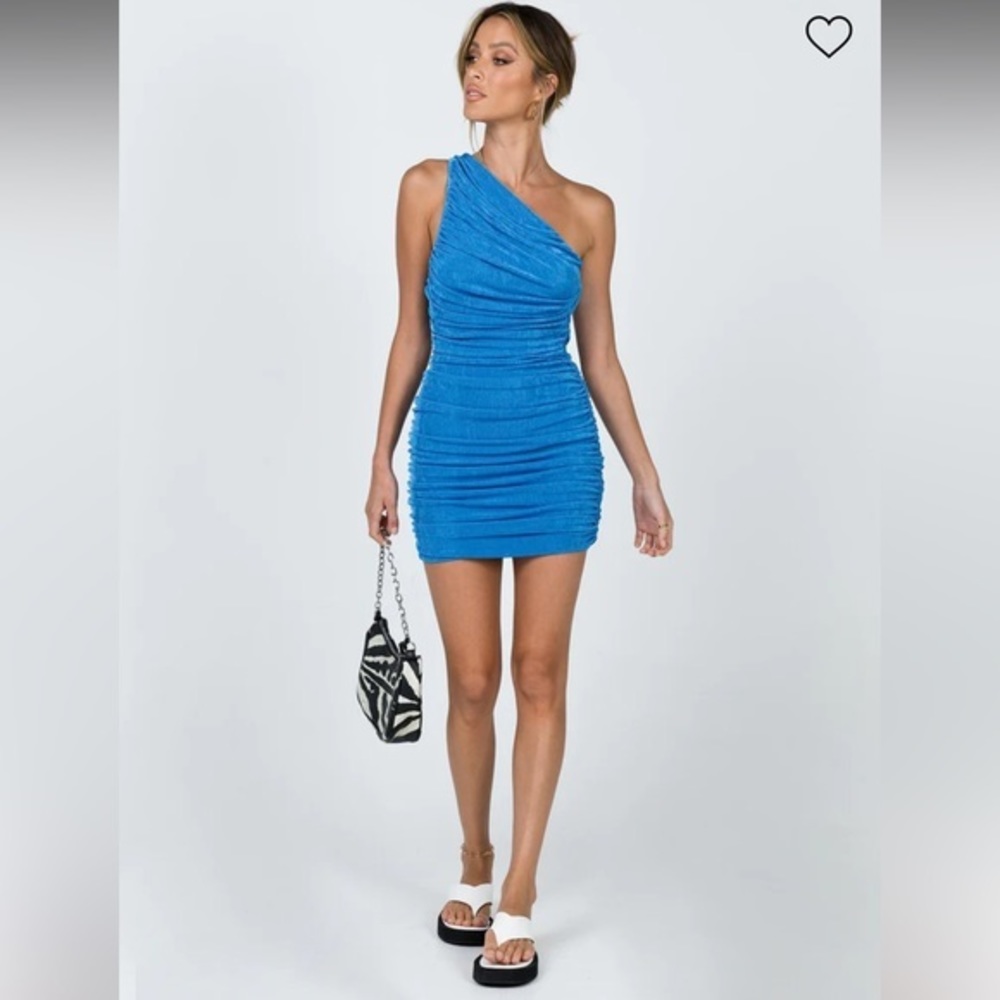 Lioness‎ icy light blue one shoulder ruched mini bodycon stretch soft dress, XXS - Picture 2 of 10